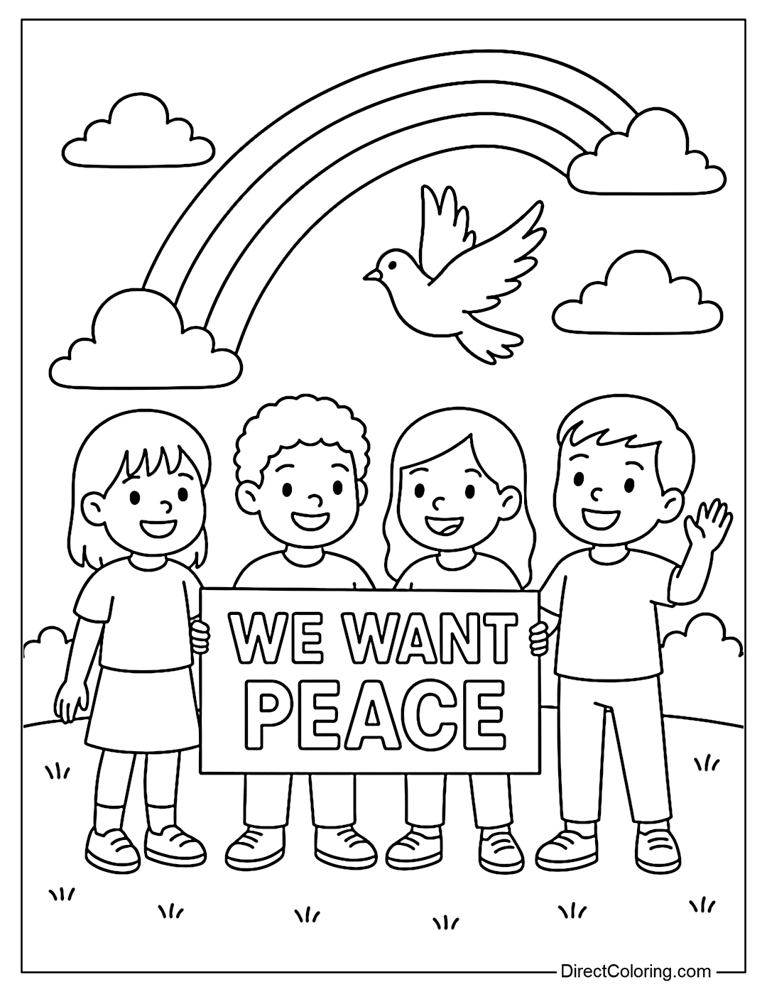 Coloring page of a group of children holding a 